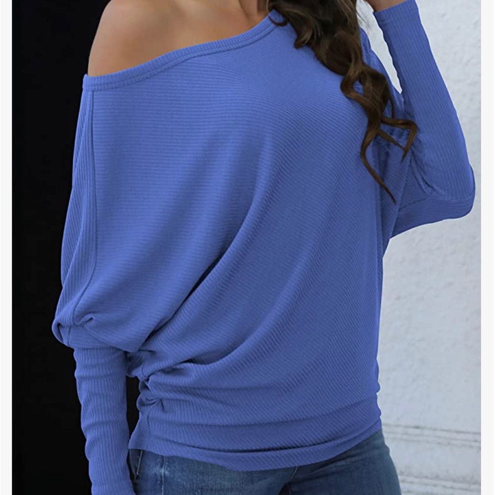 NWT!! Blue Off-the-shoulder Ribbed Sweater, Size Medium